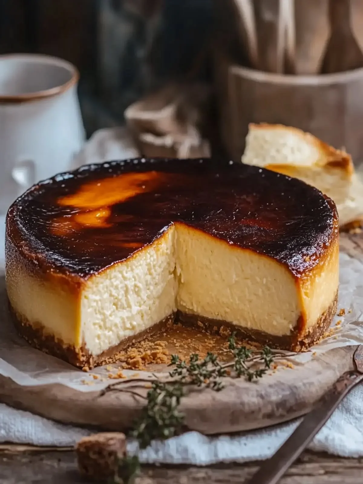Baked cheesecake with a dark caramelized top, a slice cut out, on parchment paper on a wooden board, with sprigs of thyme and a fork nearby.