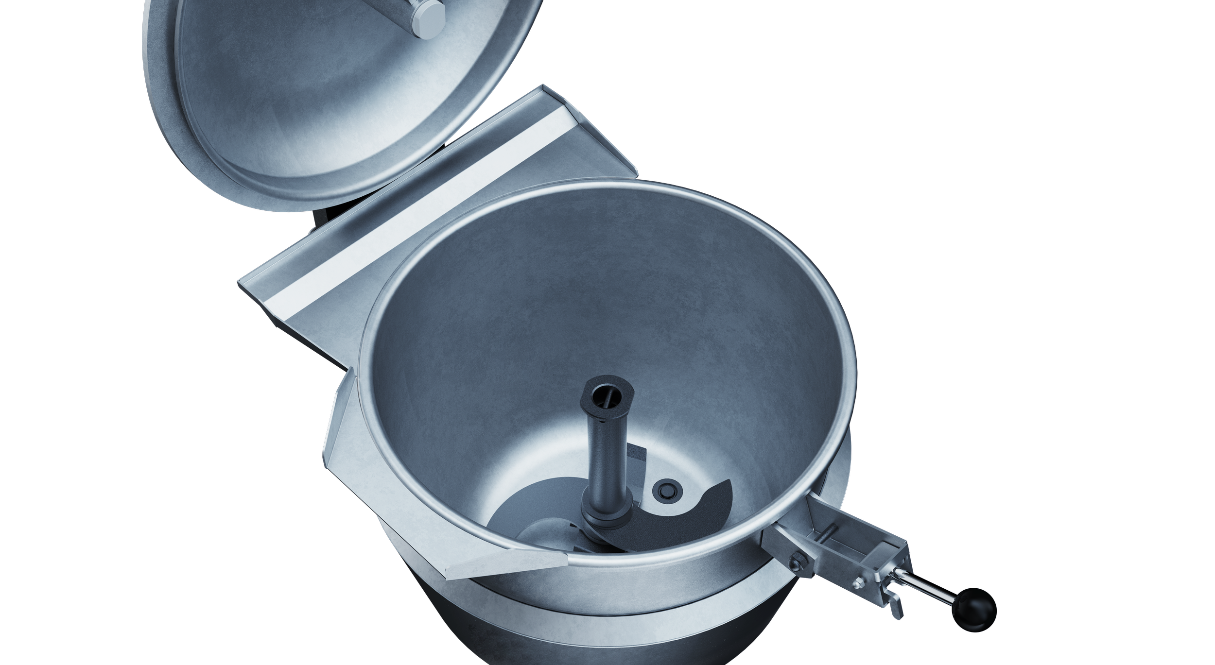 A metallic industrial machine with a control panel, a circular lid, pipes, and gauges, used for manufacturing or processing
