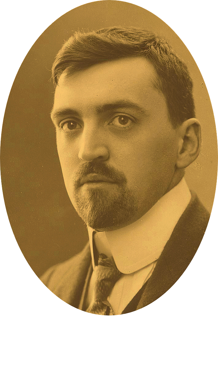 A sepia-toned portrait of Hector Hodler, neatly styled hair, a beard, and mustache, wearing a suit and tie, looking directly at the camera.