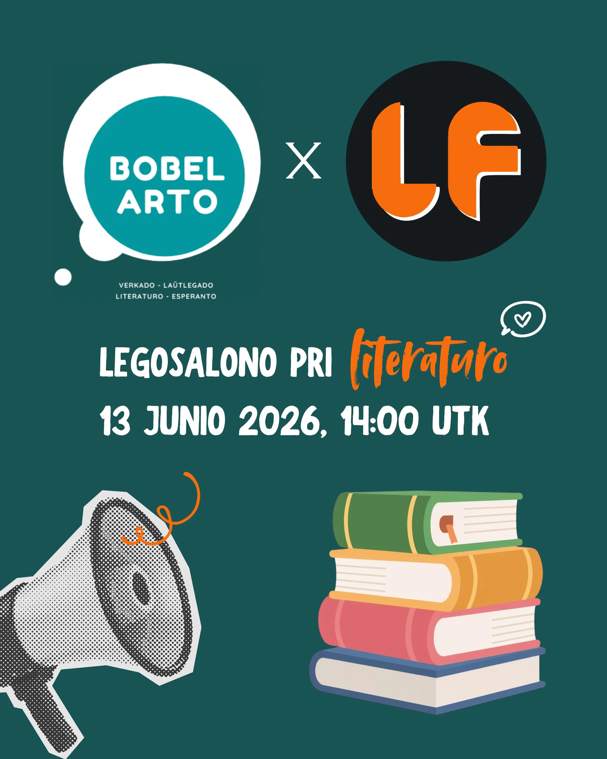 Sabaton la 13an de junio 2026 okazos la lasta legosalono de Bobelarto antaŭ la somera paŭzo, kaj ni ĝojas anonci ke Literatura Foiro estos la speciala gasto!&nbsp;Ni atendas&nbsp;vin&nbsp;je 14:00 UTK&nbsp;(15:00 CET) al la&nbsp;Zoom-ĉambro de Bobela