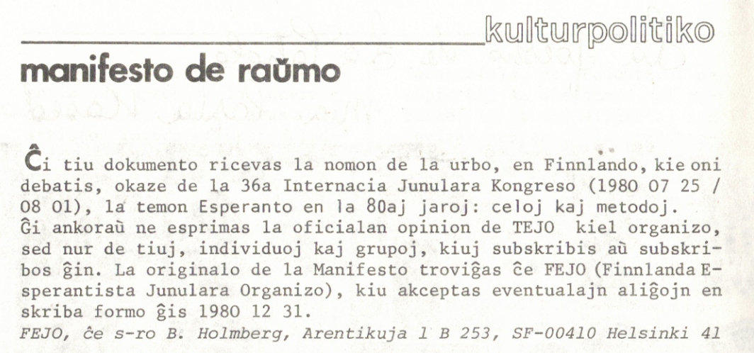 A scanned document in Esperanto titled "Manifesto de Raŭmo" under the heading "kulturpolitiko". The text discusses the Esperanto movement and references the 36th International Esperanto Congress in Finland, held from July 25 to August 1, 1980, endorsing peace and Esperanto as a method. The document includes references to Tejo, the Esperanto organization in Finland, and a signature line for B. Holmberg.