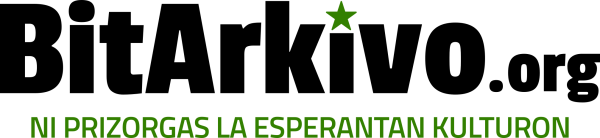 Green text on black lettering "BitArkivo.org" reading "NI PRIZORGAS LA ESPERANTAN KULTURON" with a green star above.