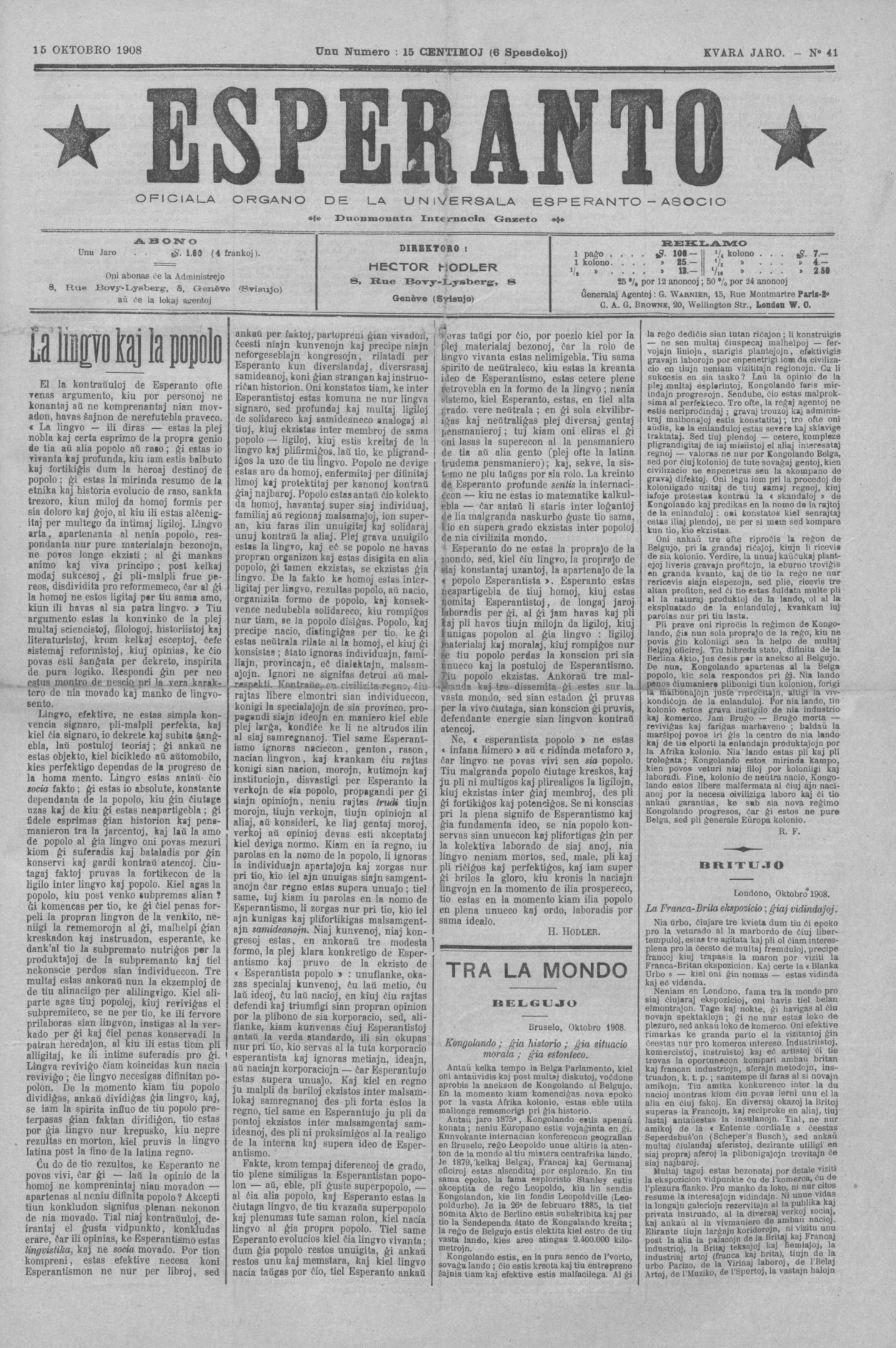 Historical black and white newspaper article from October 15, 1908, titled 'ESPERANTO' in large bold letters, printed in Esperanto and Spanish.