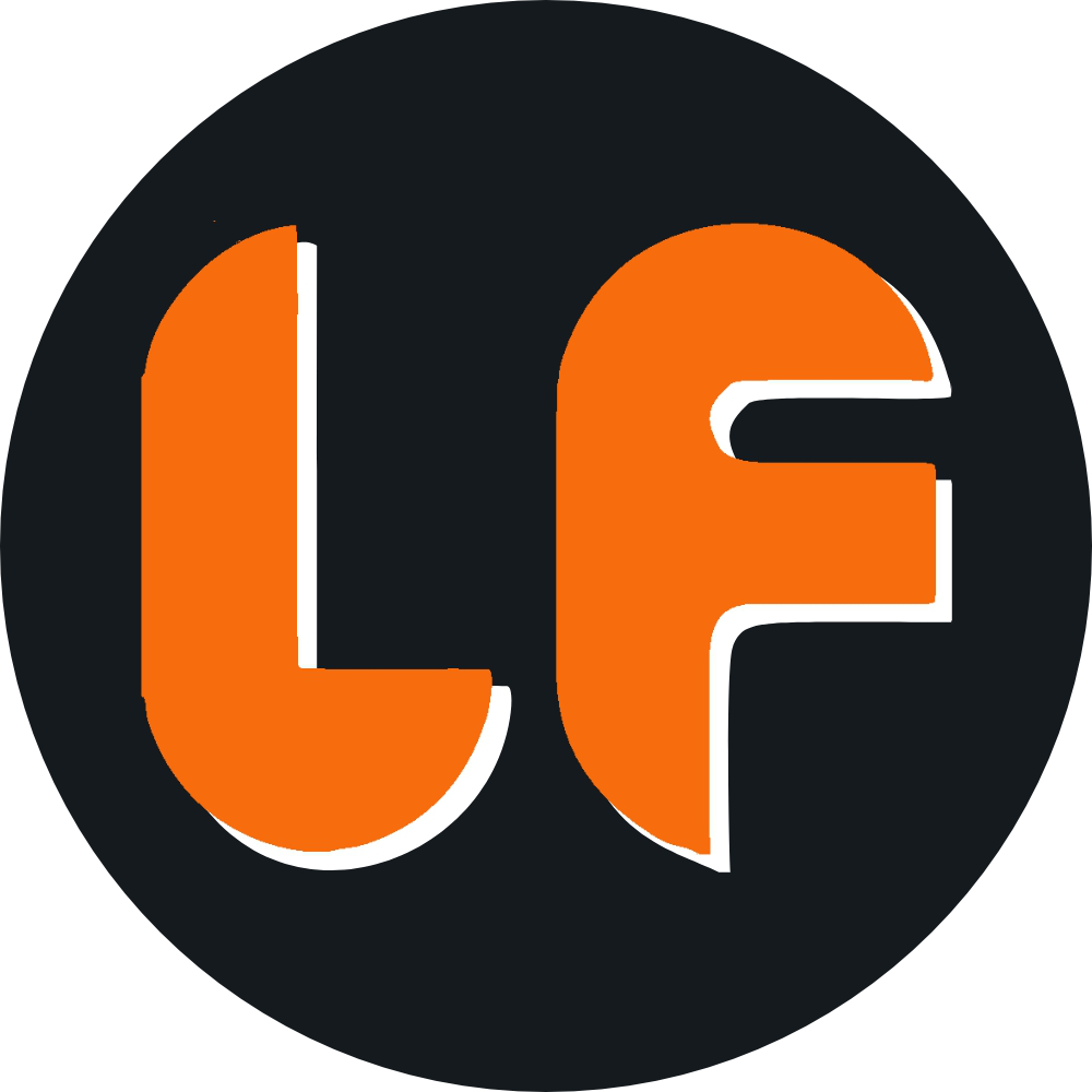 Letters 'LF' in orange with a white outline, placed on a black circular background.