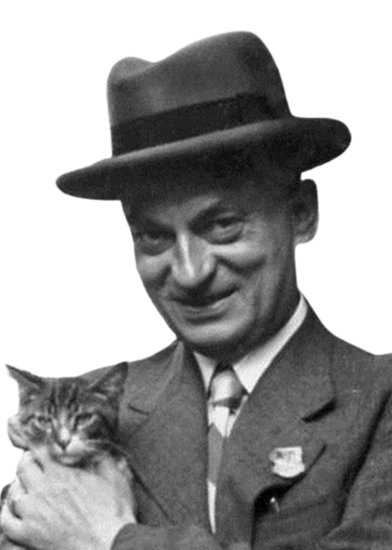 Black and white photo of Kálmán Kalocsay, smiling and holding a cat.