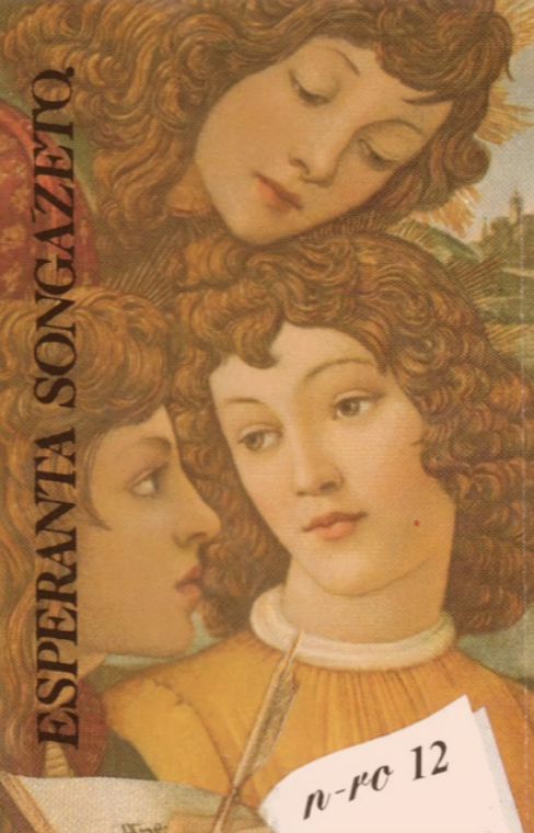 Cover titled "Esperanta Songazeto" with an illustration of three women with curly red hair, two facing each other and one looking down, set against a background of a peaceful outdoor scene with trees and a house.