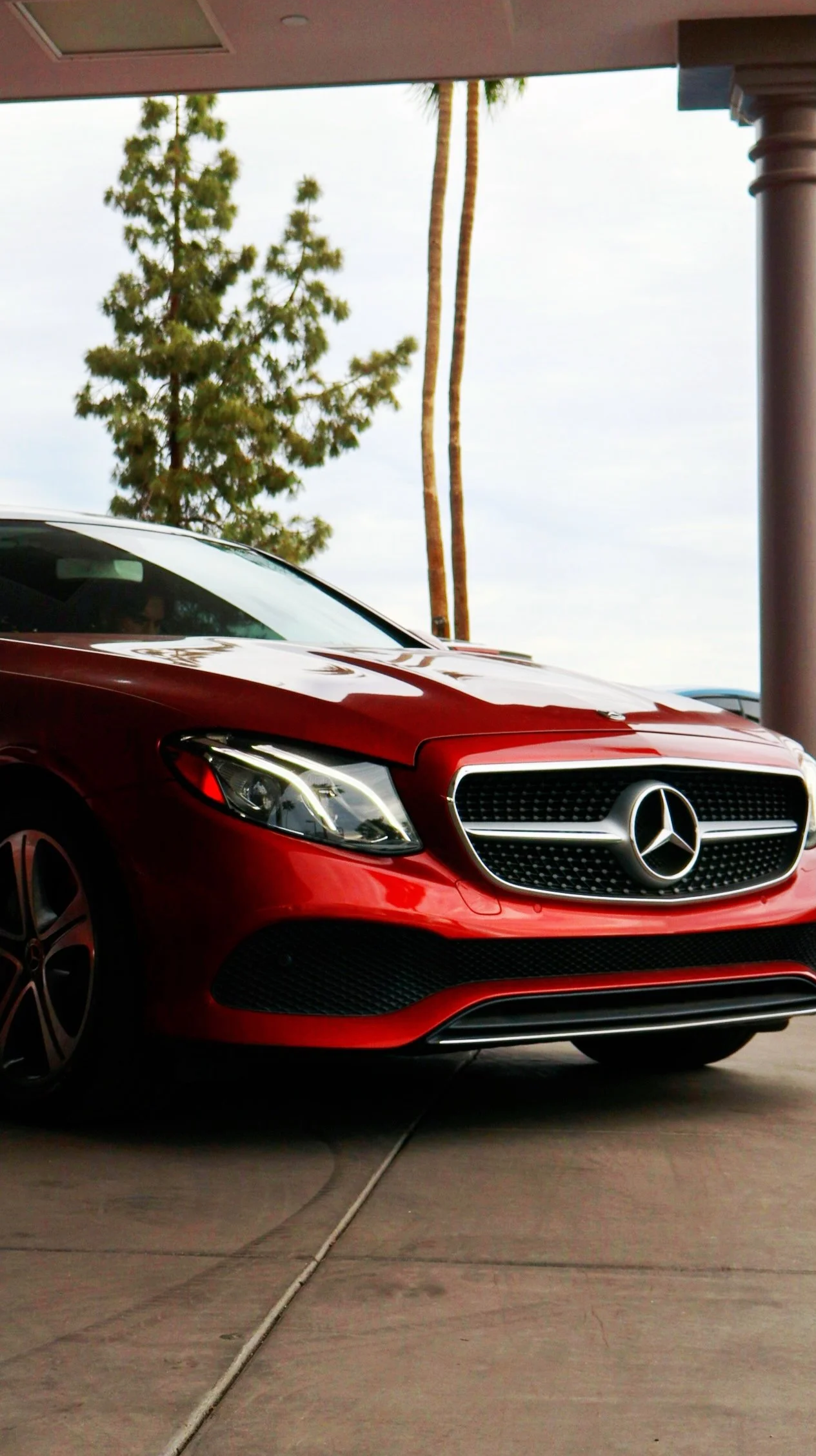 Red Mercedes-Benz car parked under a covered area with two trees, in daytime.