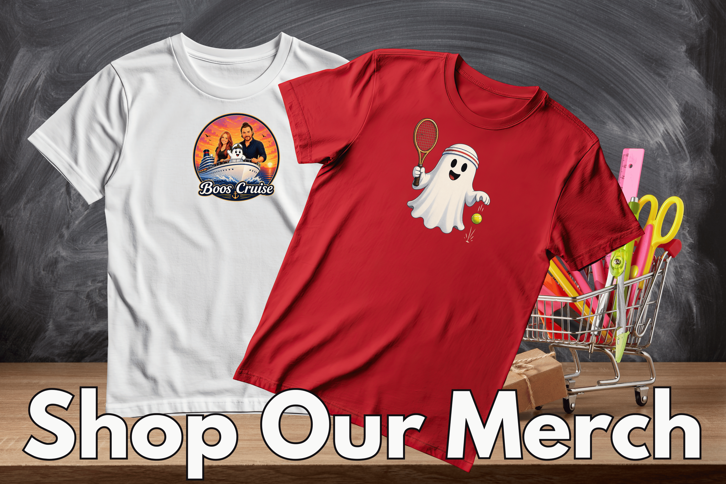 Two T-shirts, one white with a cruise ship graphic and the words "Boos Cruise," and one red with a cartoon ghost holding a tennis racket. A shopping cart filled with office supplies is partially visible behind the shirts.