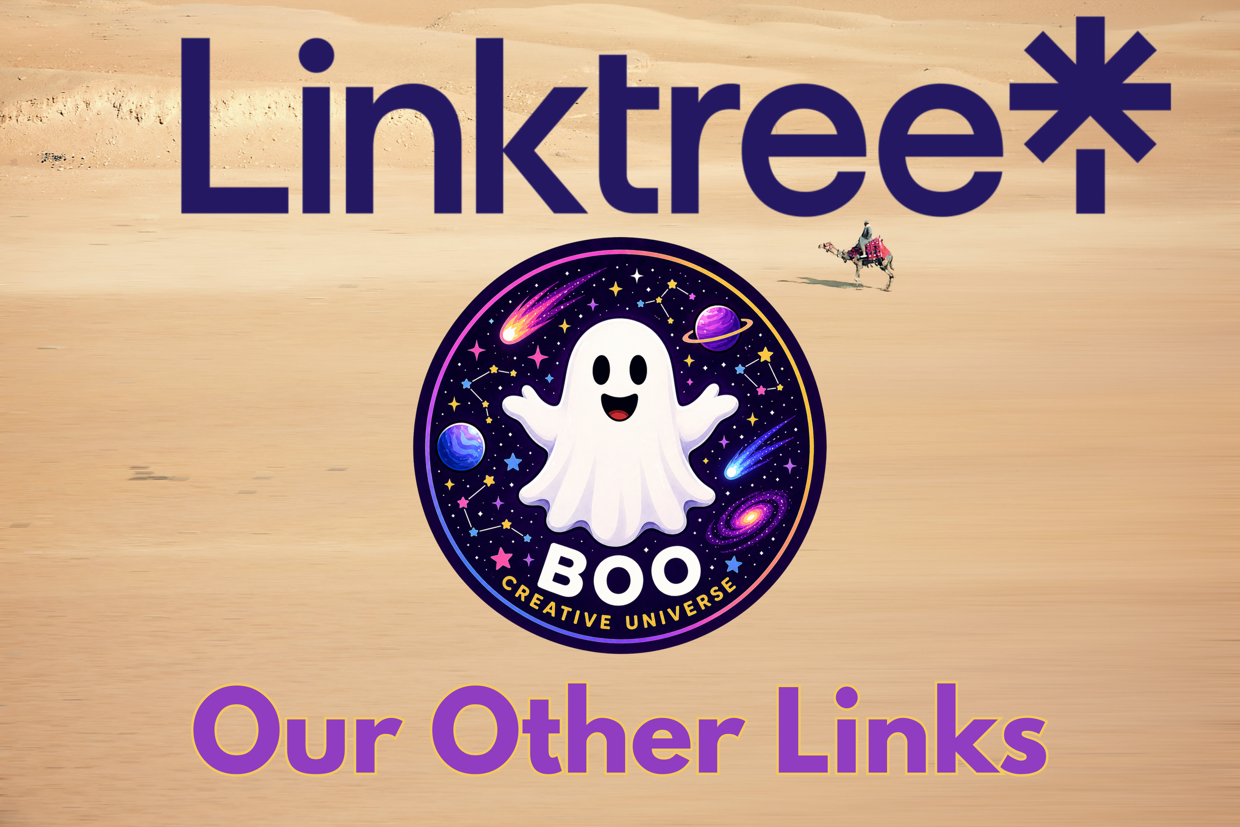 A graphic with the word 'Linkltex' in large navy blue letters with a snowflake design replacing the 'x'. Below is a circular logo with a cartoon ghost surrounded by stars, planets, and cosmic objects, reading 'Boo Creative Universe'. The background appears to be a sandy or desert landscape. Overlaid text says 'Our Other Links' in purple.