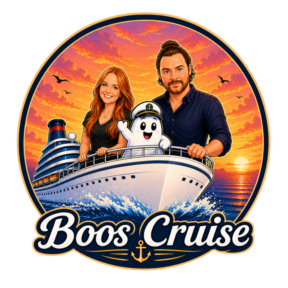 Illustration of two people and a cartoon ghost on a cruise ship at sunset, with the text 'Boo's Cruise' and an anchor symbol.