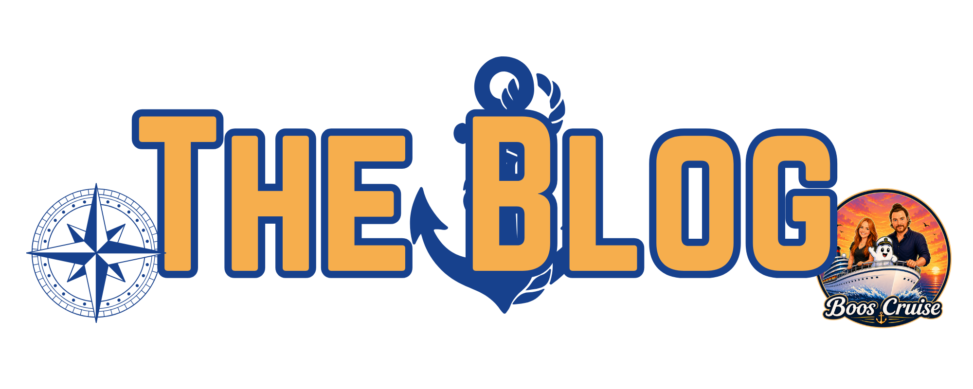 The logo of a podcast called "The Blog" with a compass symbol on the left and a circular image on the right showing two people on a cruise ship with a sunset background, indicating Boos Cruise.