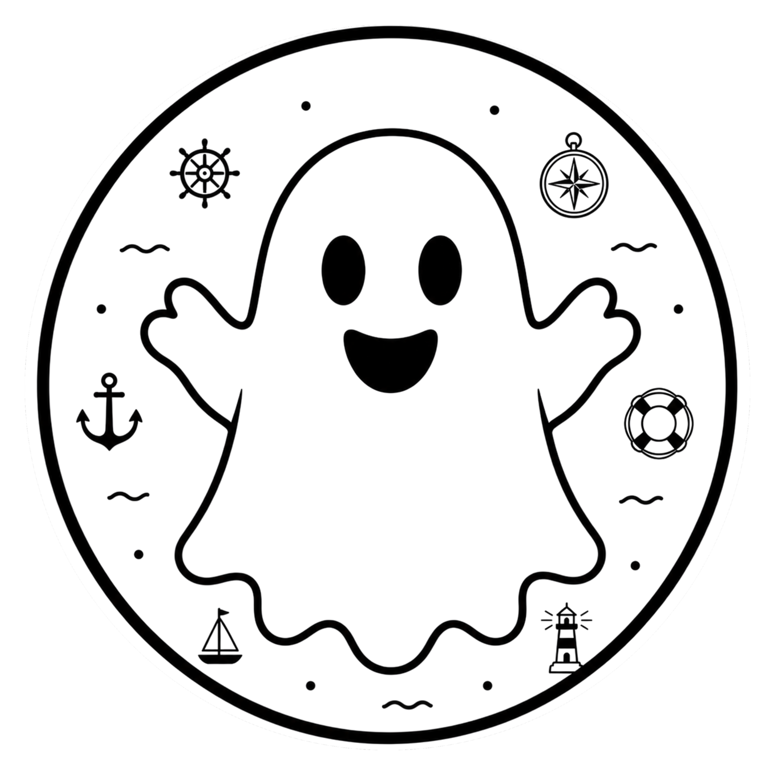 Black and white illustration of a smiling skull with nautical symbols like a ship's wheel, an anchor, a sailboat, a lighthouse, and waves around it.