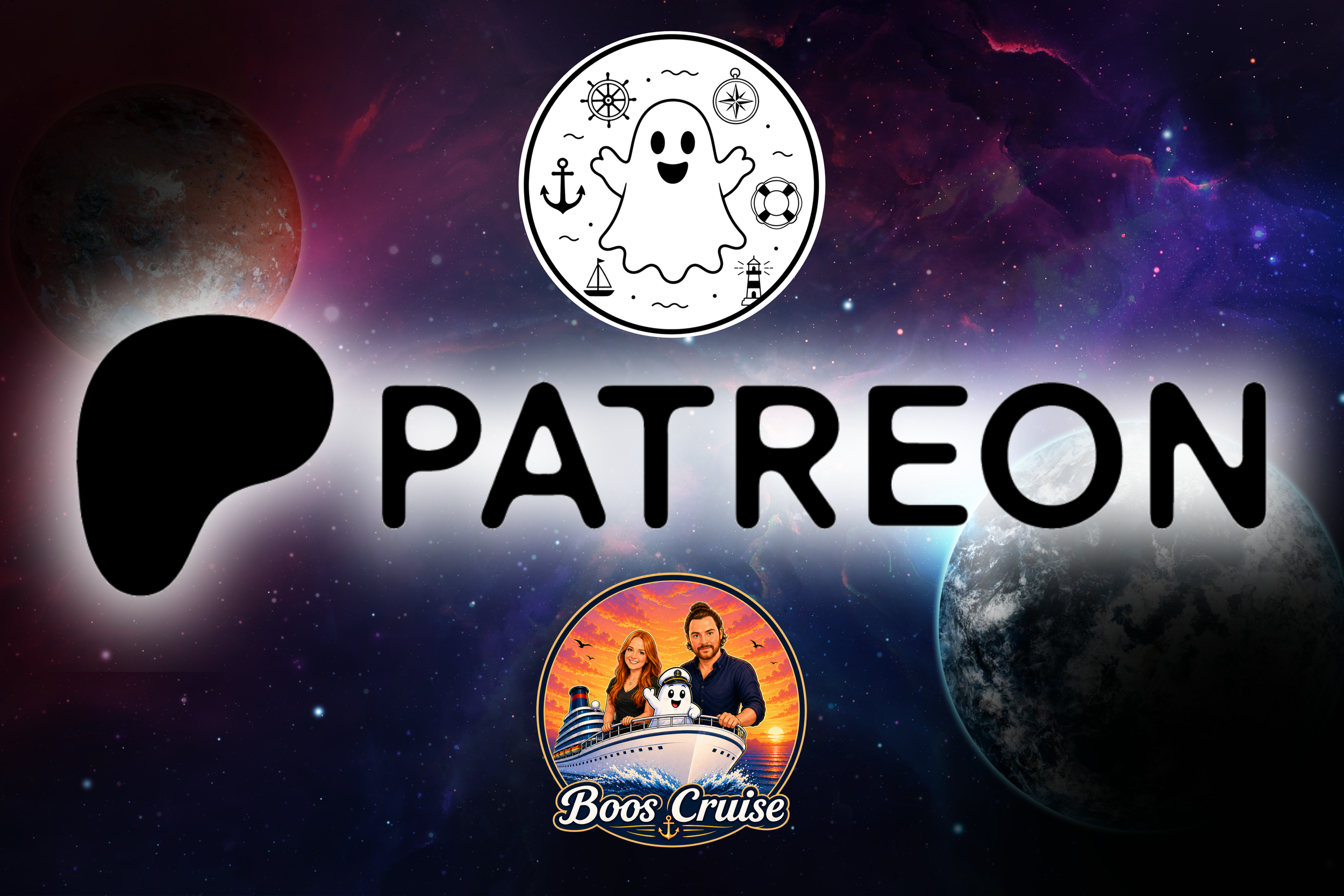 The image has a space theme background with planets and stars. It includes a large black silhouette of a thumbs-up hand, the word 'PAREN' with a missing letter, a circular logo with a happy cartoon ghost surrounded by nautical symbols, and a circular photo of a man and woman on a cruise ship with the text 'Boos Cruise' and a maritime anchor.