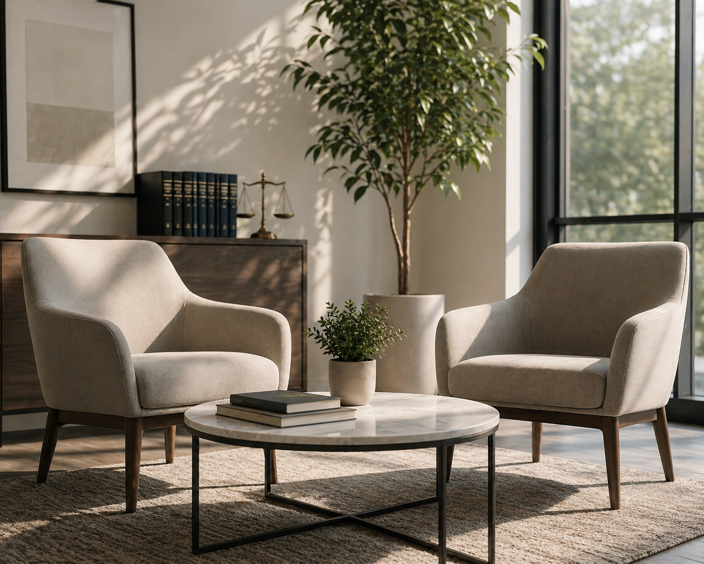 Modern living room with two beige armchairs around a round white marble coffee table. The table has a small potted plant and some books. Behind, there is a large window, a tall potted tree, and a wooden sideboard with a set of blue binders, a scale, and wall art.