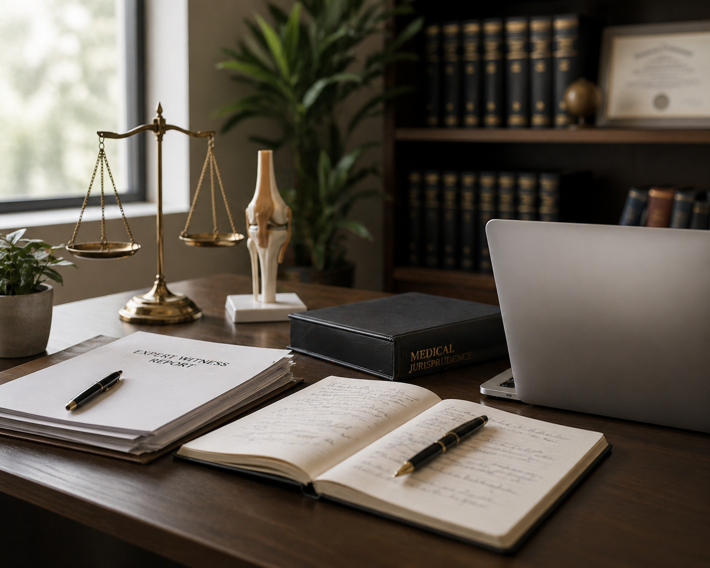Desk with legal and medical documents, a laptop, a scale of justice, a human knee model, a potted plant, and a bookshelf in the background.