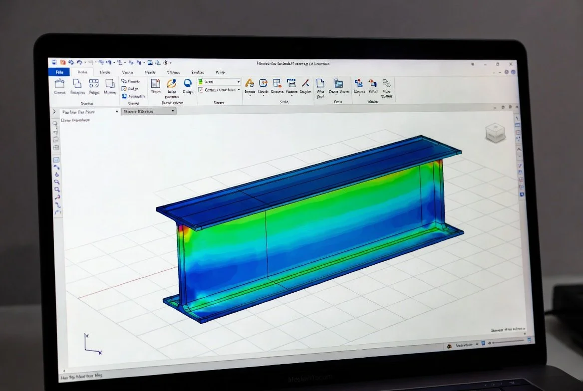 Skærm med 3D-model og farvekodning af en strukturel analyse.
