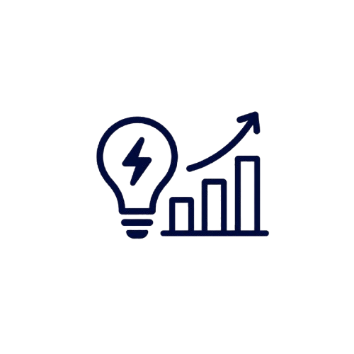 Light bulb with a lightning bolt icon, bar chart with rising arrow, representing innovation and growth.
