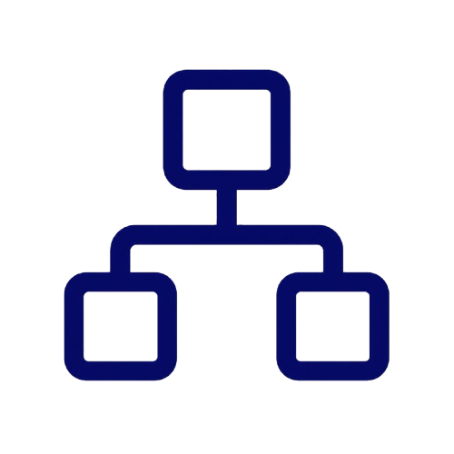 Flowchart diagram with three connected boxes, one above and two below, in blue with white and yellow fill.