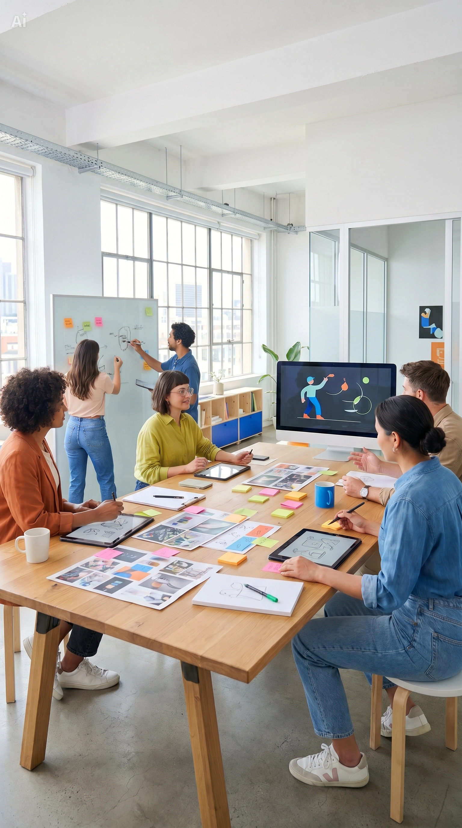 A diverse group of six people in a modern, well-lit office space participating in a collaborative meeting. Two individuals are standing at a whiteboard drawing diagrams, while four others are seated at a large wooden table with notebooks, tablets, and colorful sticky notes, engaging in discussion. A large computer monitor displays an abstract digital graphic.