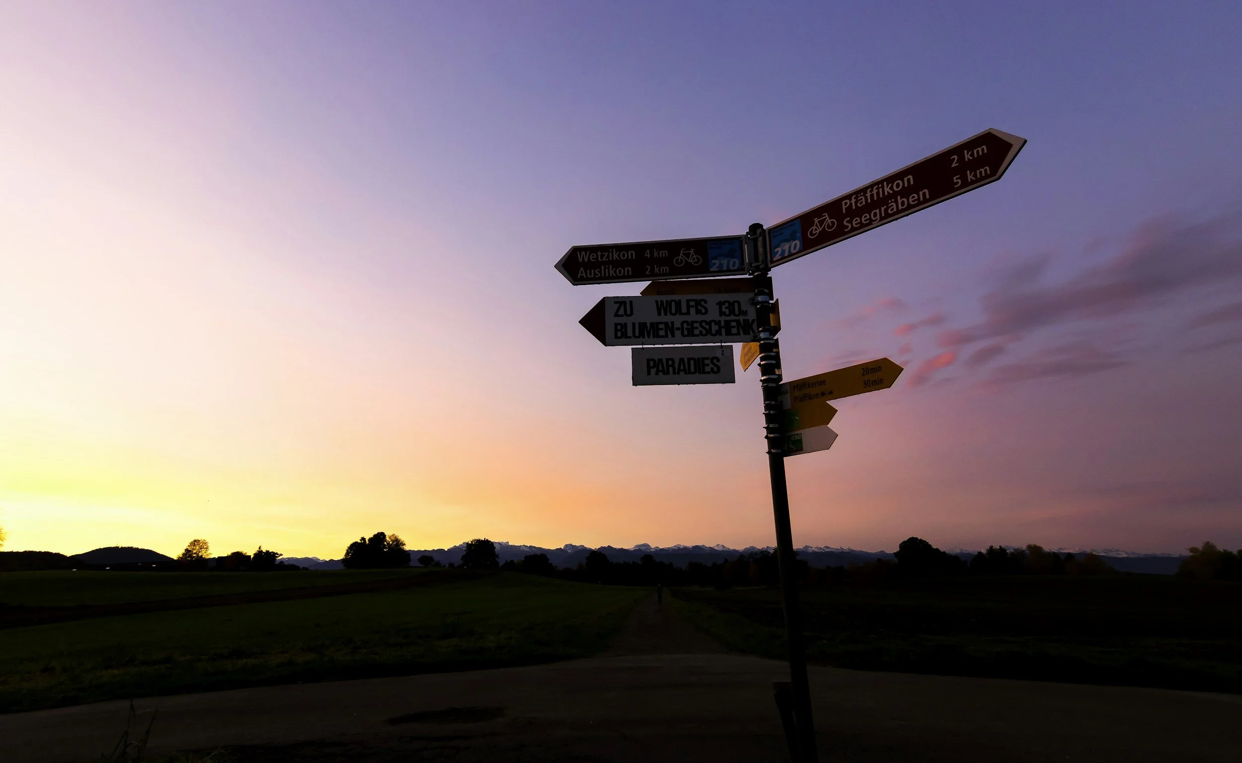 Road sign post at sunset with multiple directional signs indicating distances to various locations in Germany and a bike route.