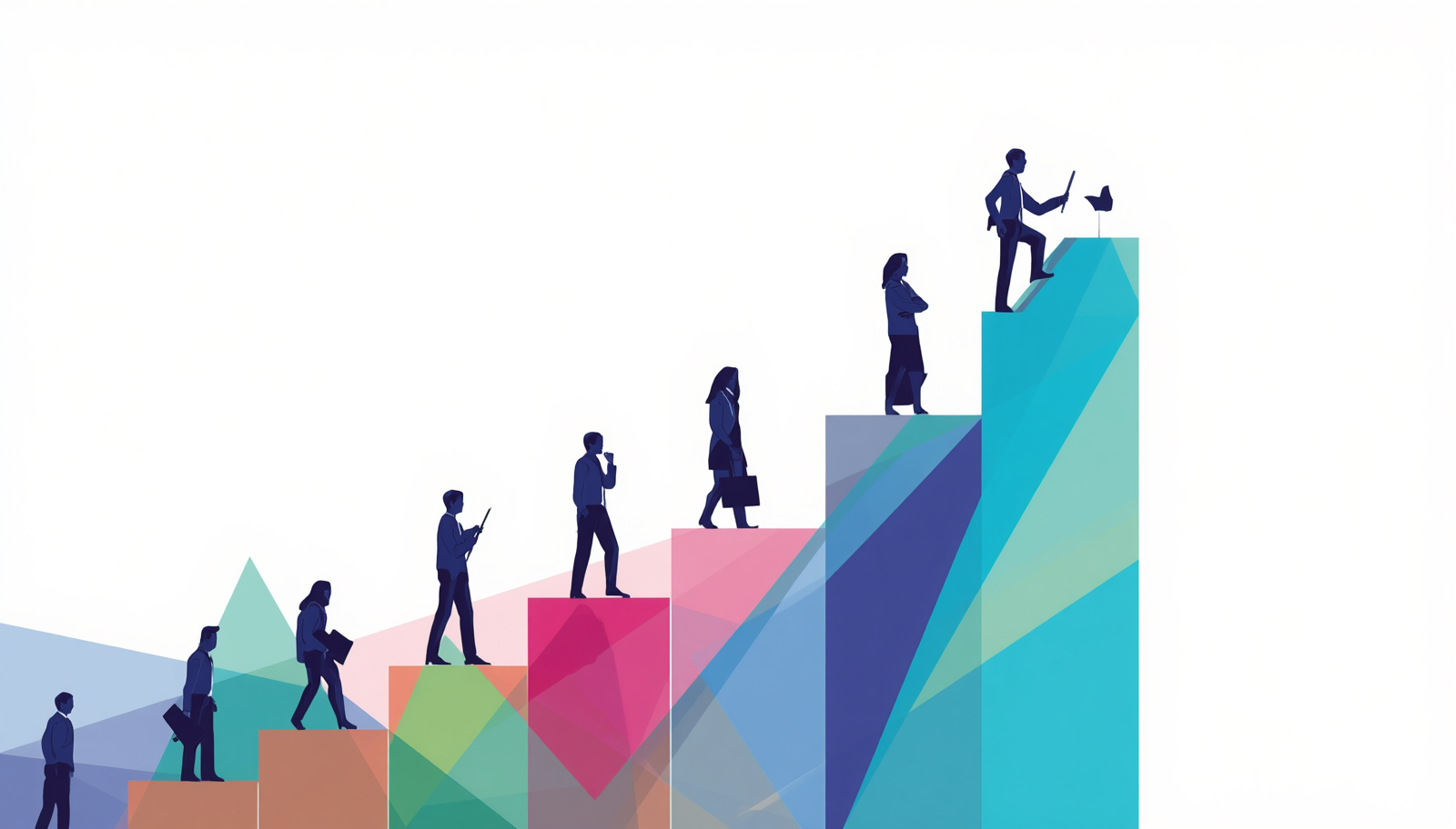 Illustration of people ascending colored stairs with graphs as a background, symbolizing growth and progress.