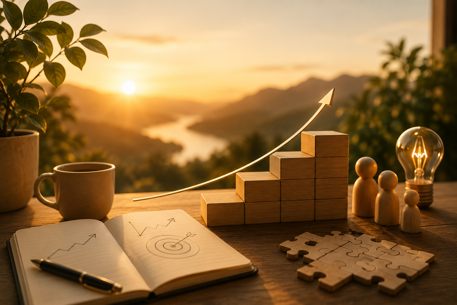 Ein Schreibtisch mit Notizbuch, Stift, Puzzleteilen, Figuren, Glühbirne, Holzblöcken, einem Kaffee, einer Pflanze, bei Sonnenuntergang mit Berg- und Flussblick. Symbol für Wachstum und Innovation.