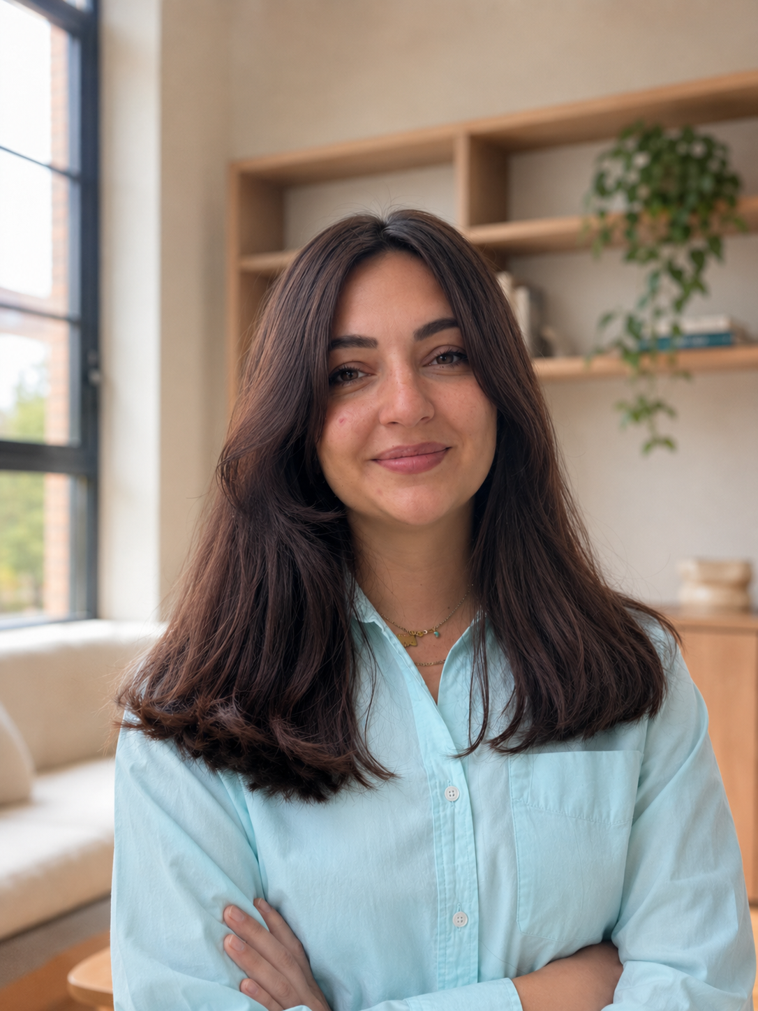 A woman with long brown hair smiling with her arms crossed, wearing a light blue shirt, indoors with a window and bookshelf in the background.