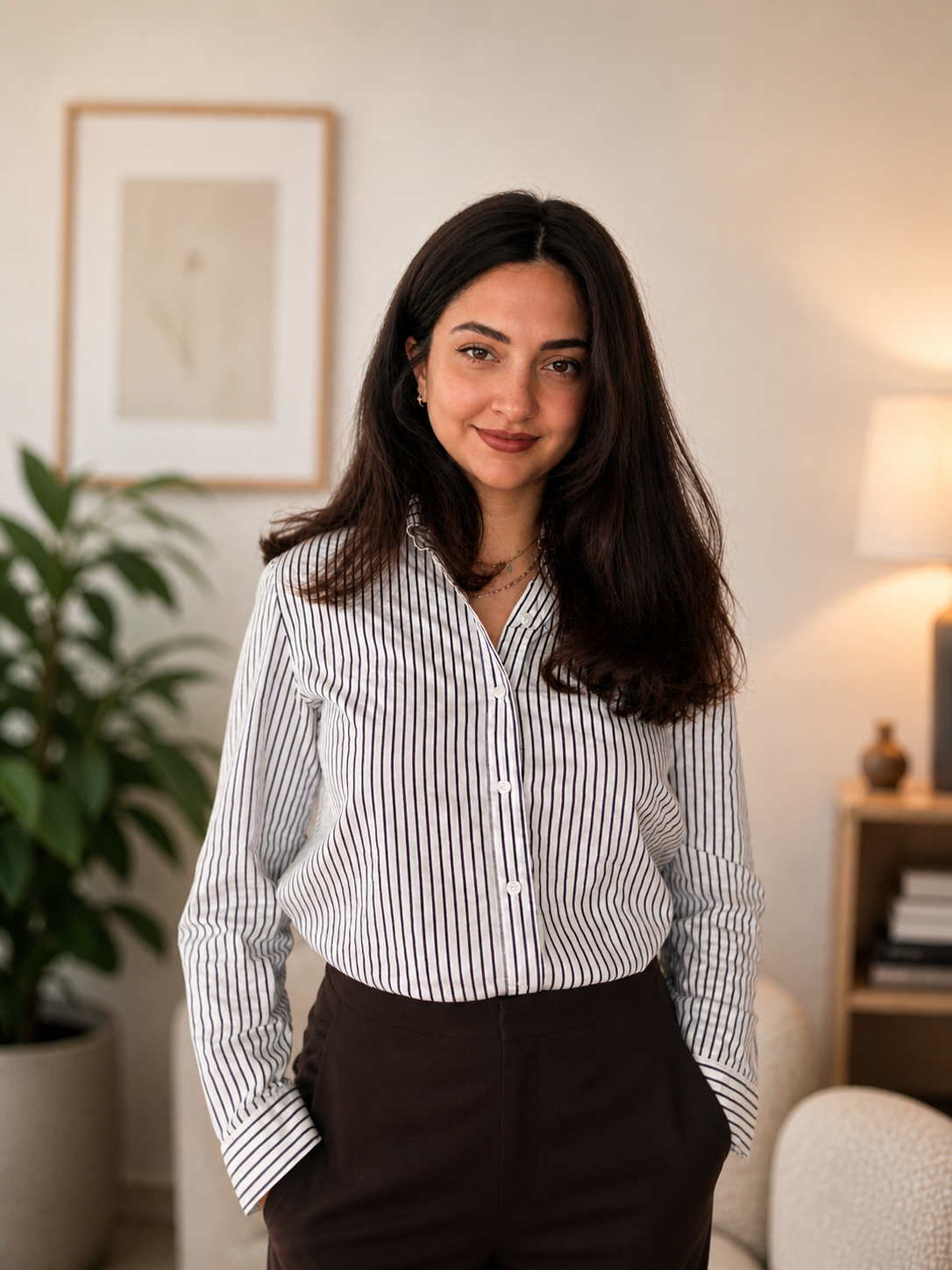 A woman with dark brown hair and light skin standing in a cozy, well-lit room. She is wearing a white blouse with black vertical stripes and dark pants, smiling subtly.