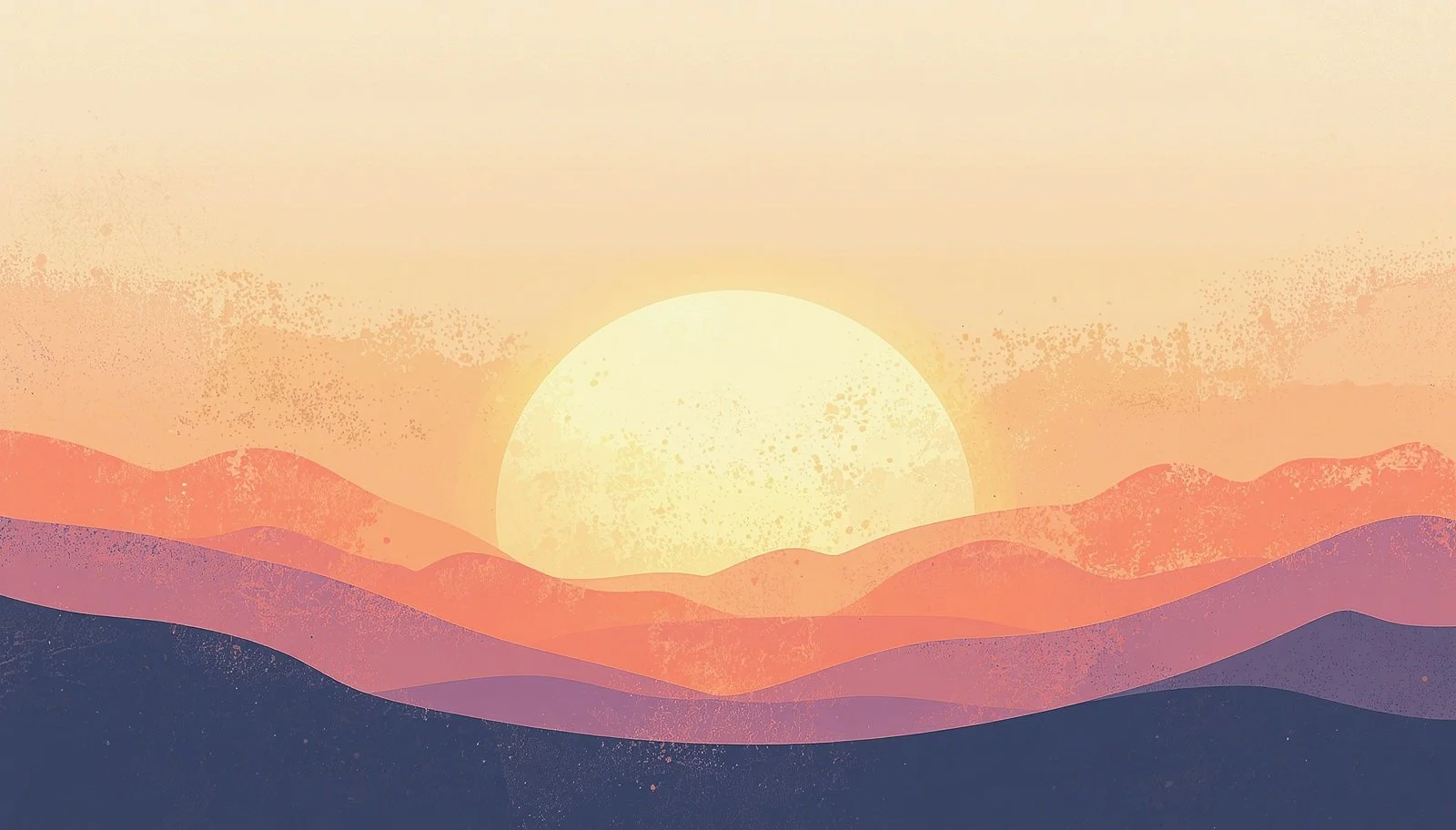 Abstract digital landscape with a setting sun over rolling hills in shades of pink, orange, purple, and blue.