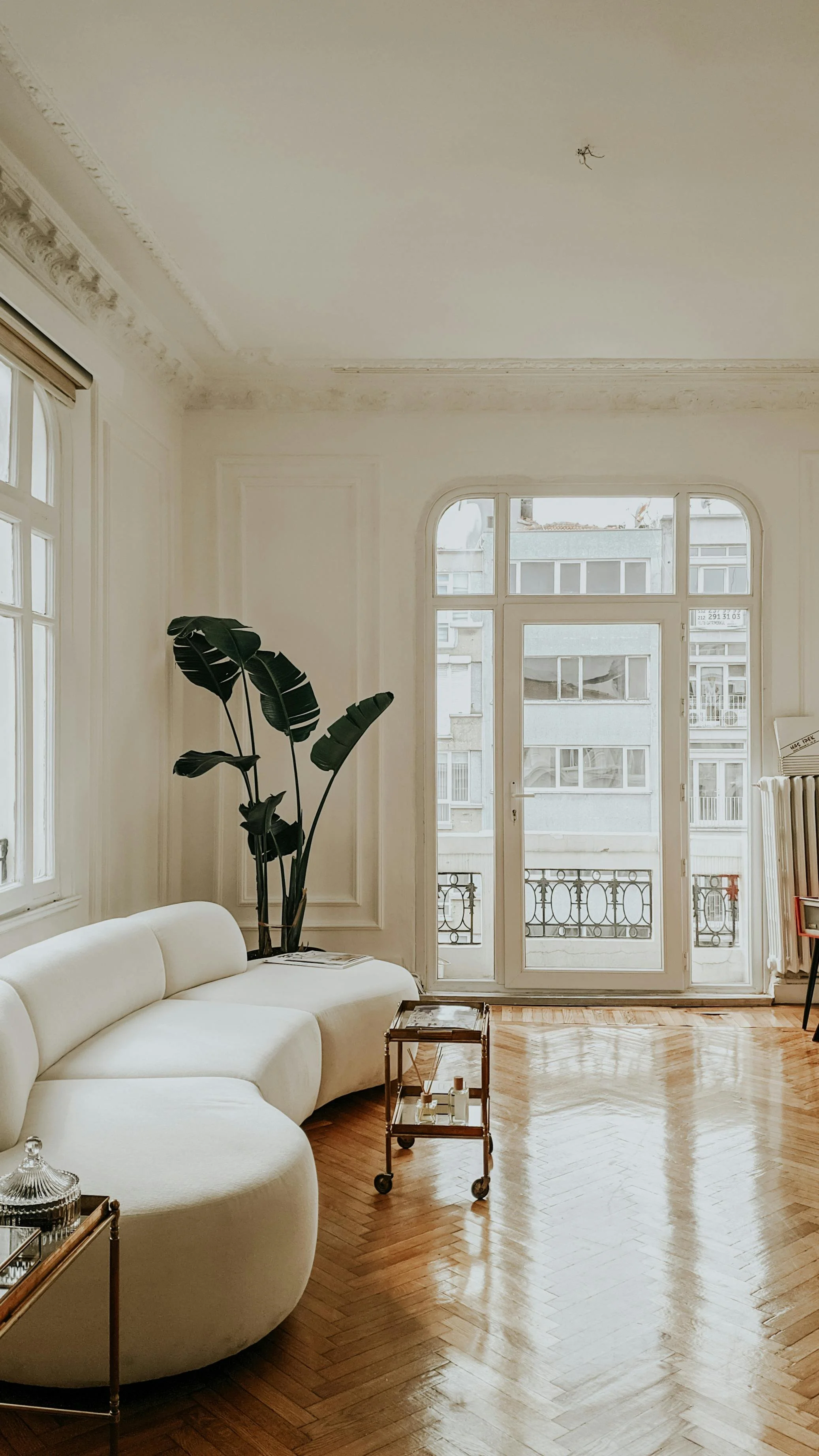 Salon lumineux avec un canapé blanc courbé, une grande fenêtre avec porte en verre au fond, une plante verte dans un pot derrière le canapé, un tapis en bois au sol, et une petite table roulante avec des objets dessus.