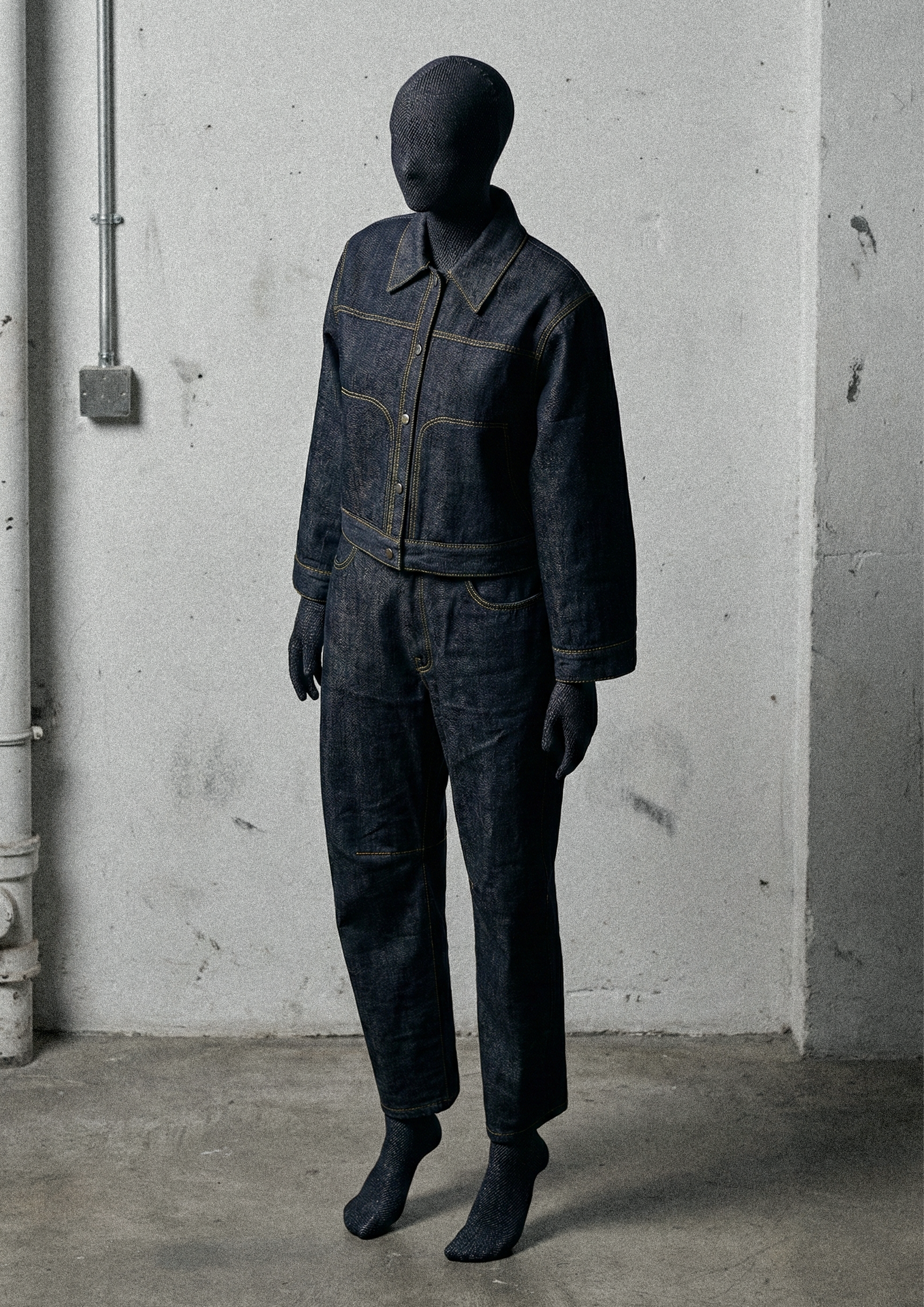 3D garment design — virtual sample of denim top and trousers on model James Hillman digital fashion