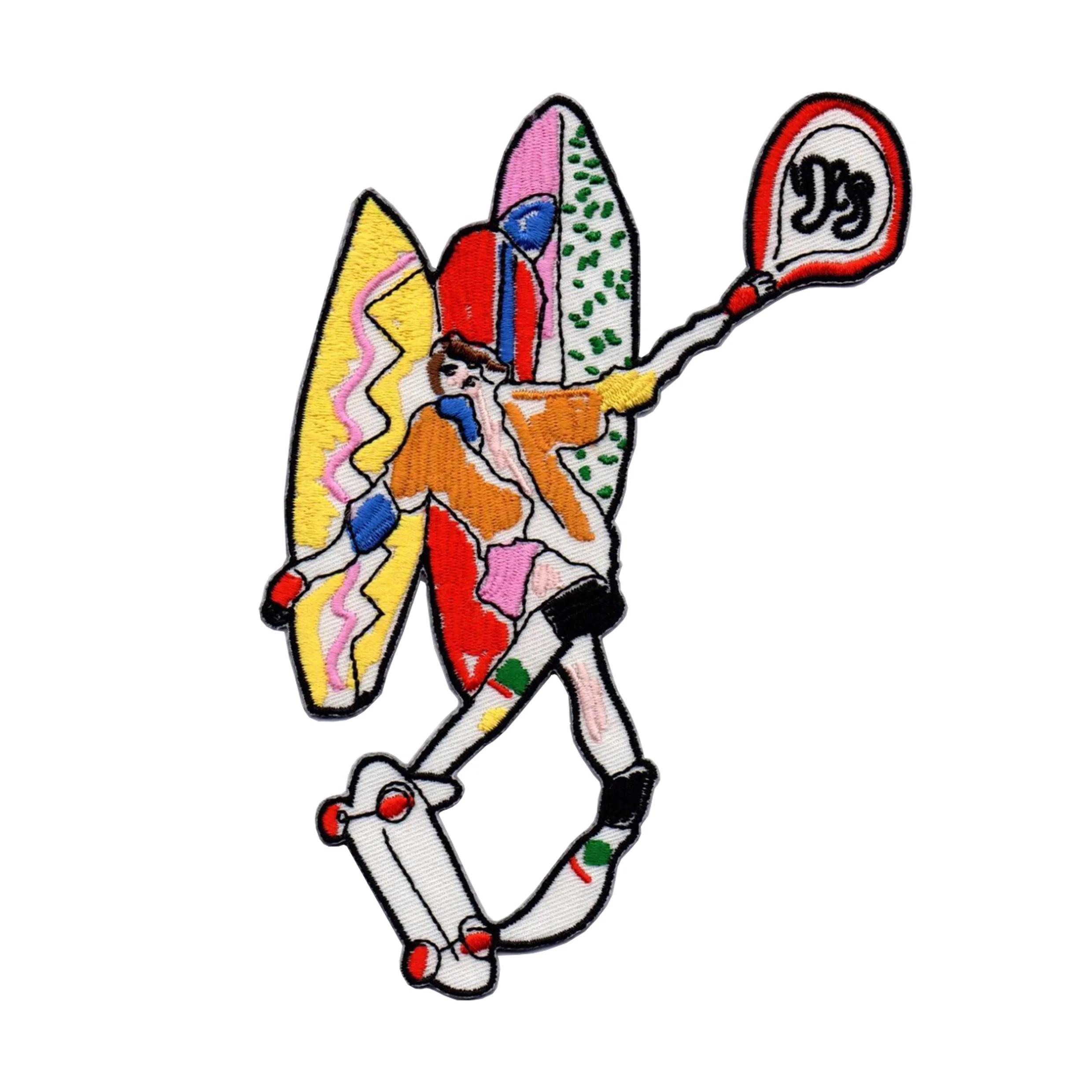 Colourful pop-art embroidered figure of a skater holding surfboards