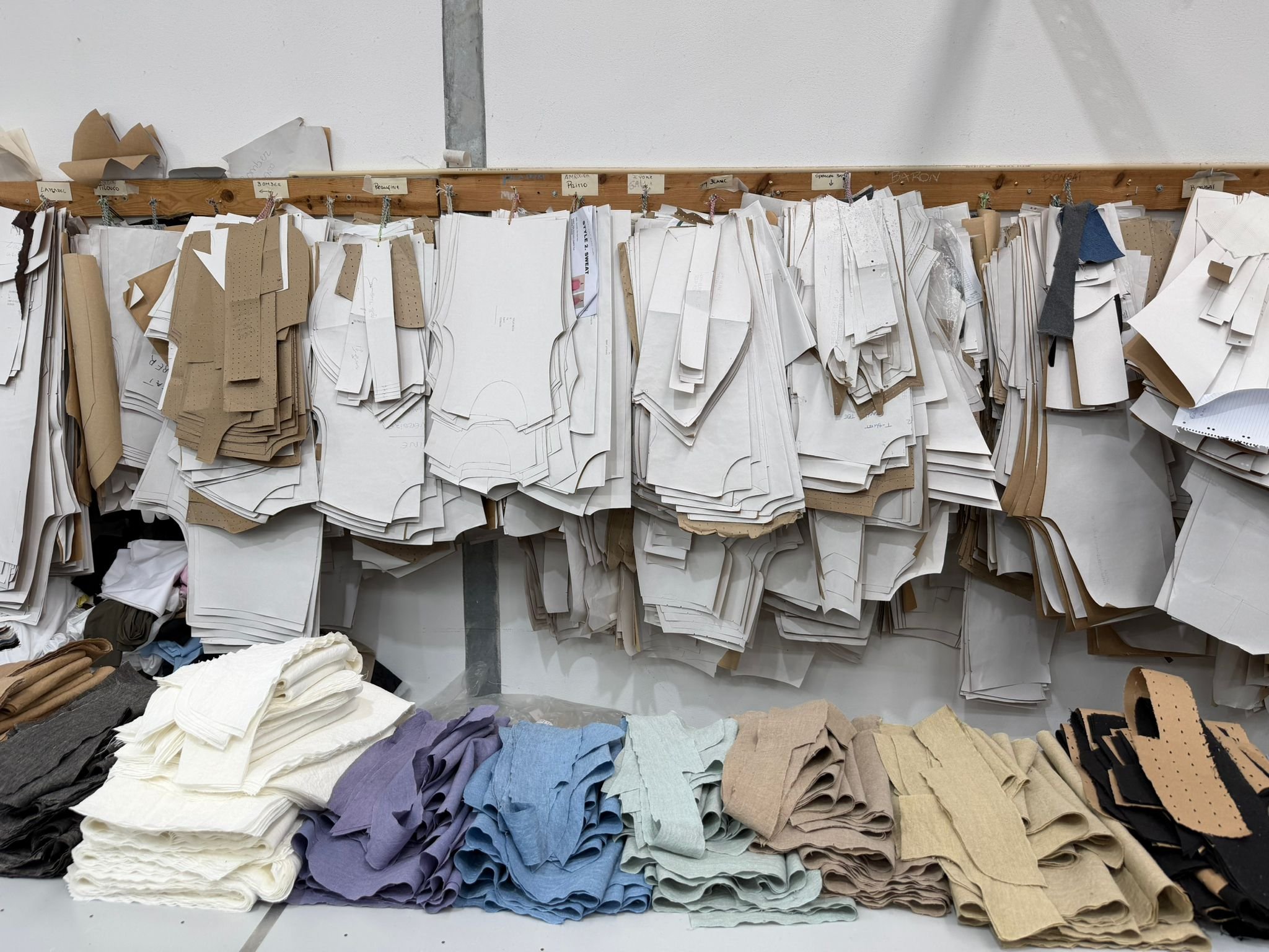Paper garment patterns hanging above folded fabric in a production workshop.