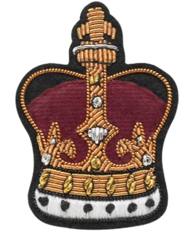 Gold and red bullion crown hand-embroidered in raised metal thread