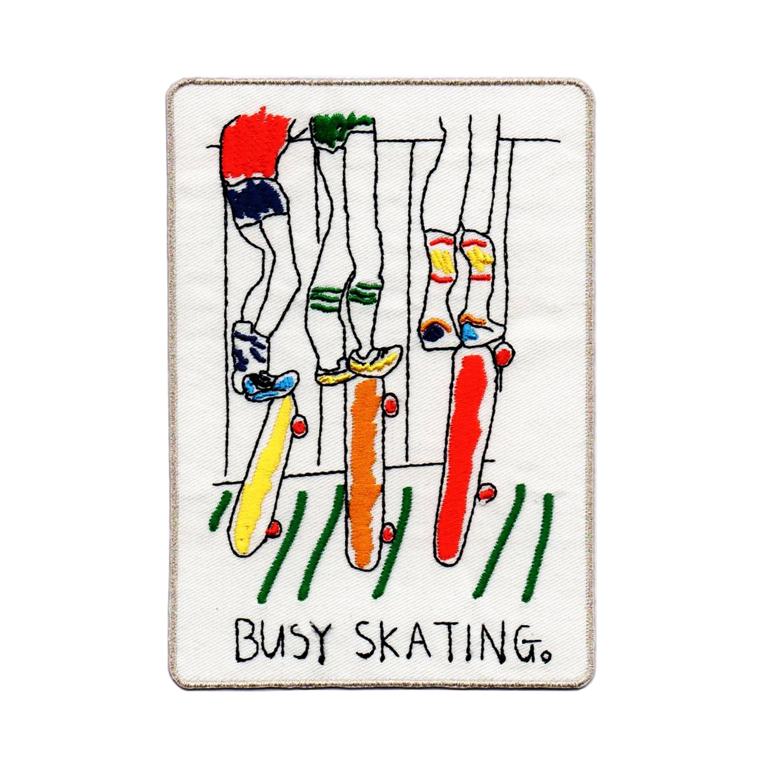 Hand-drawn style embroidered patch of figures with the words busy skating