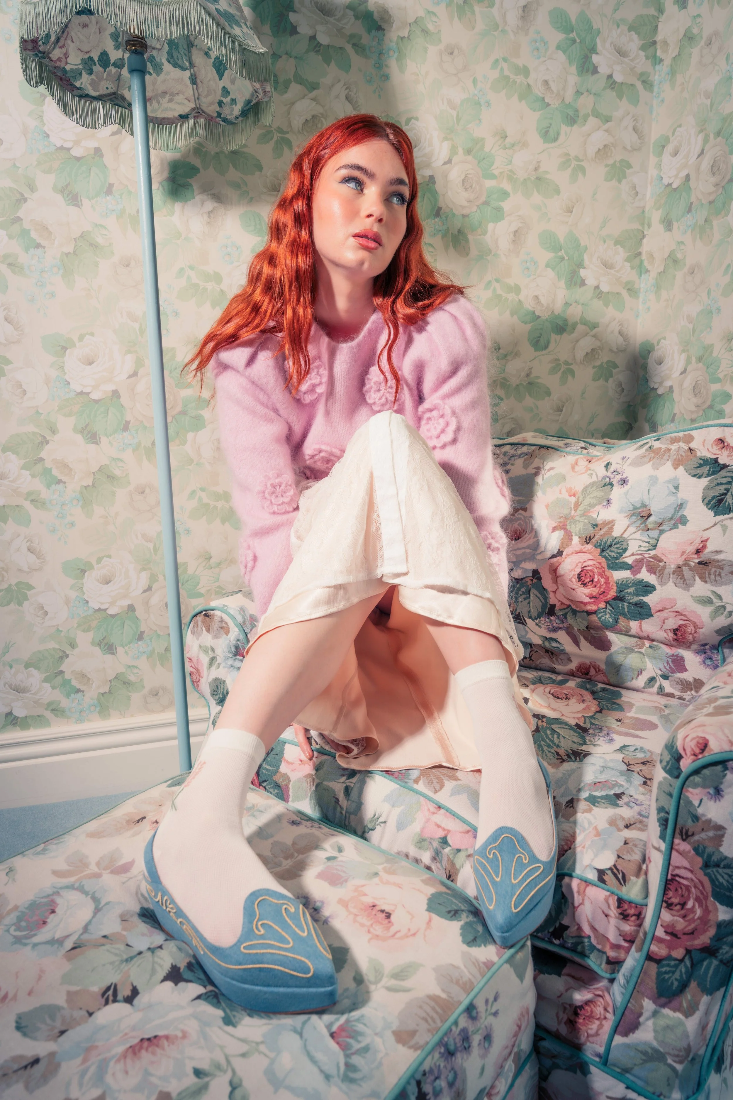 BRÓG womens luxury Irish footwear — pink floral chair editorial, total rebrand by James Hillman