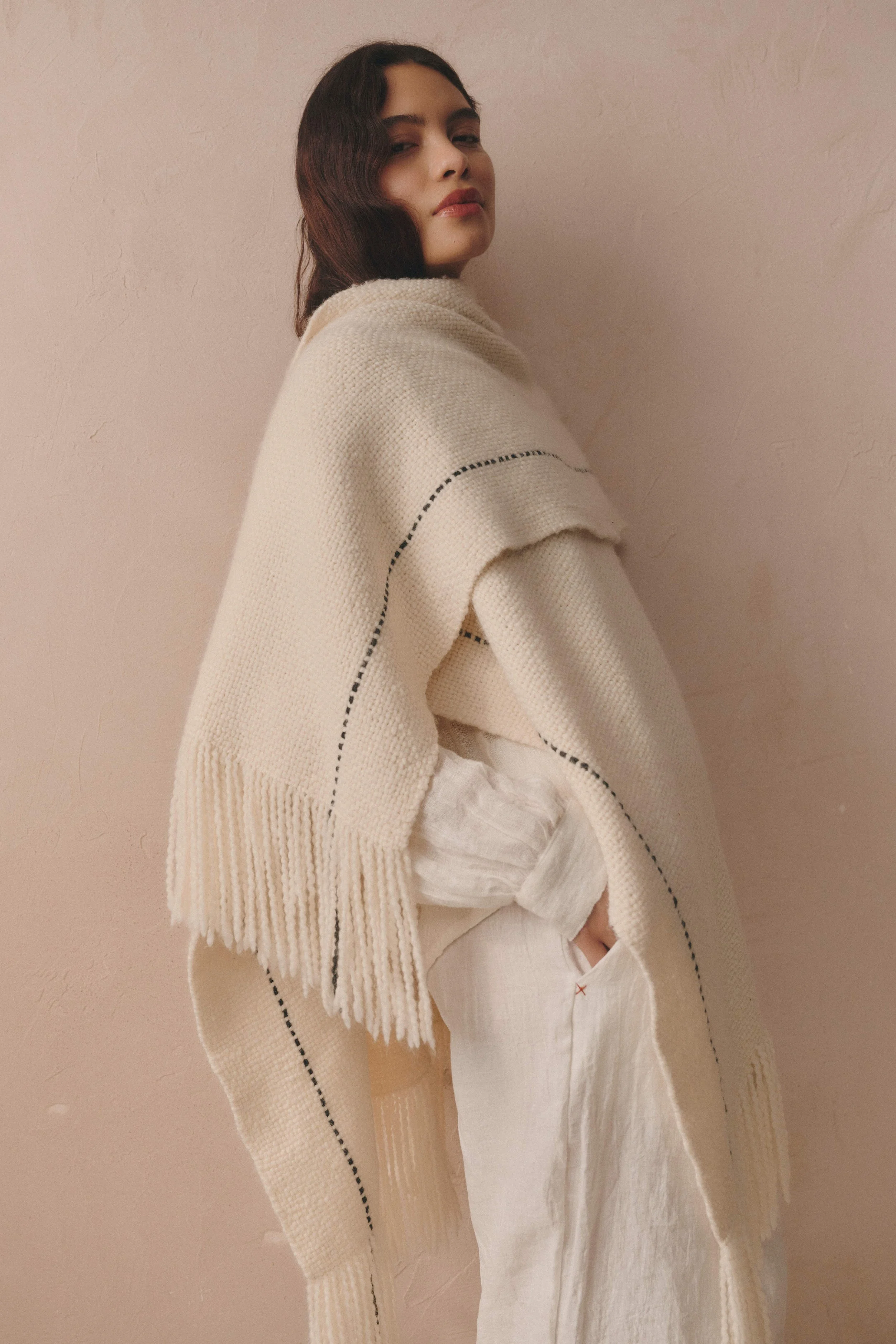 Casa Marane womenswear white wool shawl with fringe — luxury resort wear