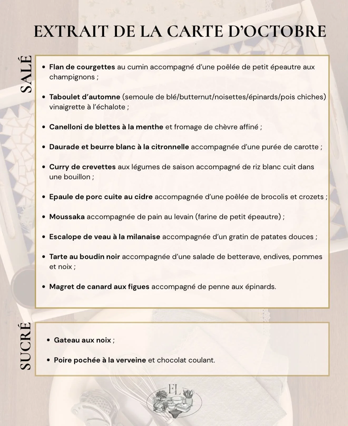 Voici quelques plats qui composent la carte d&rsquo;octobre 🍽️
La totalit&eacute; de celle-ci est r&eacute;serv&eacute;e &agrave; mes clients qui choisissent parmi 20 plats et 5 desserts 🗒️

En esp&eacute;rant que cet aper&ccedil;u vous donne l&rsq