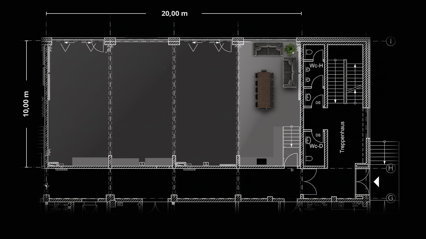 Grundriss eines Gebäudes mit mehreren Räumen, einschließlich eines großen offenen Raums, Aufenthaltsraum mit Möbeln, Toiletten und Treppenhaus, mit Maßangaben in Metern.