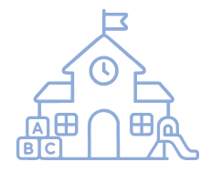 Outline drawing of a school building with a clock, flag on top, and a slide on the right side.