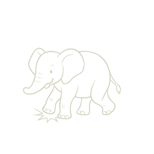 Simple white outline of a cartoon elephant standing on grass against a black background.