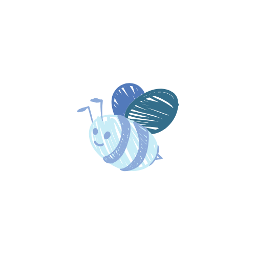 A cartoon-style bee with blue wings and body, smiling and flying against a black background.