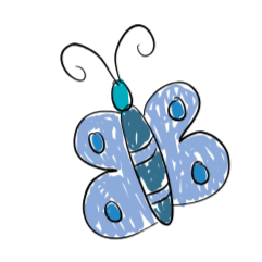 A blue cartoon butterfly with darker blue markings and antennae.
