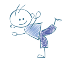 A simple, childlike drawing of a smiling stick-figure person with curly hair, wearing a blue shirt and purple pants, balancing on one foot with arms raised.