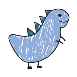 Cartoon drawing of a blue dinosaur with black spikes along its back and a smiling face.