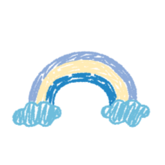 Colorful rainbow arcing over blue clouds against a light background.