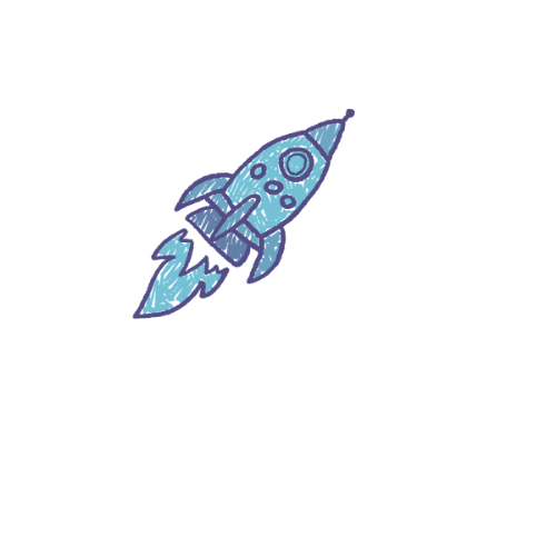 A cartoon-style rocket ship blasting off with a trail of fire and smoke.