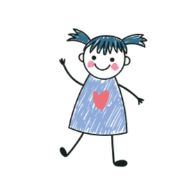 Cartoon girl with blue hair in pigtails, pink cheeks, wearing a blue dress with a pink heart, smiling and jumping.