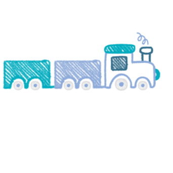 Illustration of a train with a locomotive and several connected cargo cars, in shades of blue.