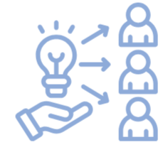 A hand holding a light bulb with arrows pointing to three people icons, symbolizing ideas or innovation connecting with people.